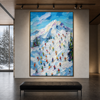 ALPINE RUSH: Colorful Skiers Sunlit Snow Impasto Canvas