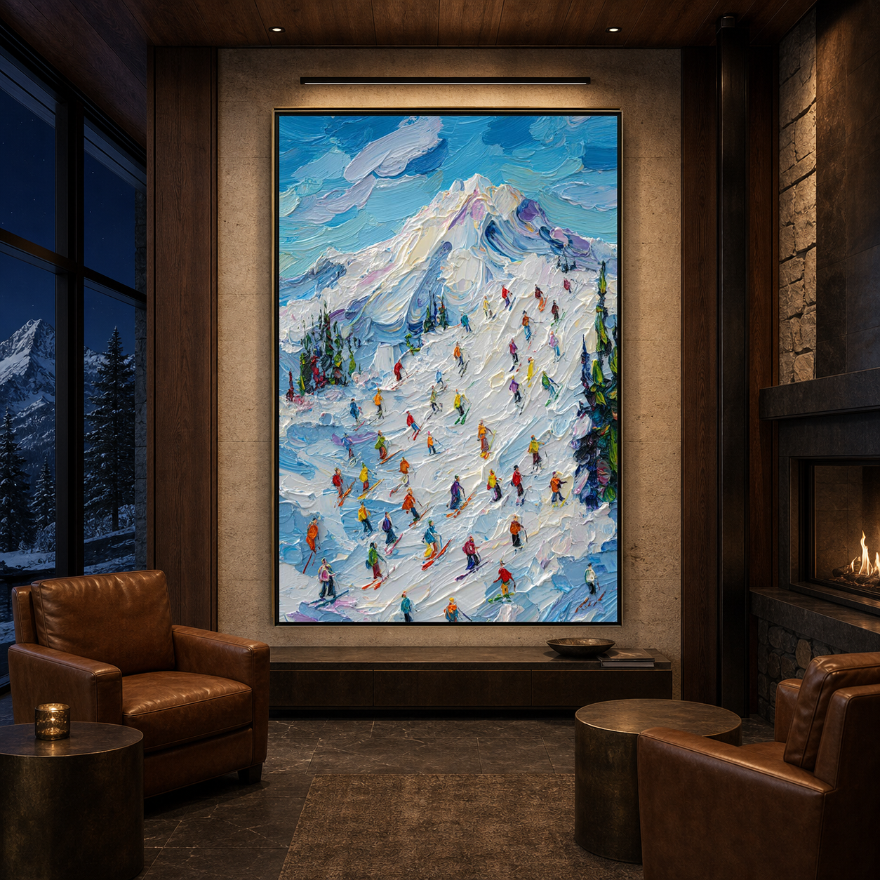 ALPINE RUSH: Colorful Skiers Sunlit Snow Impasto Canvas