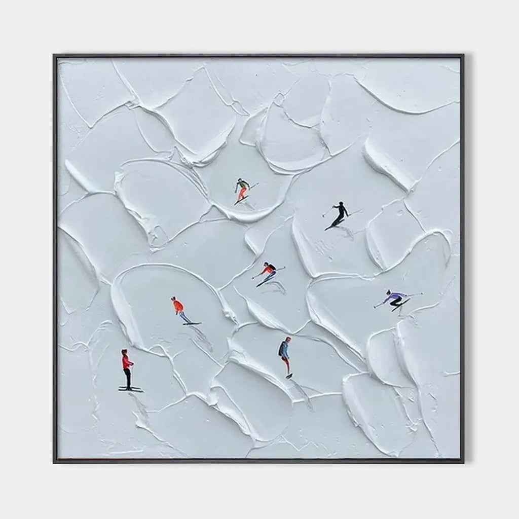 Textured Skiing Painting, Winter Sports Wall Art, Square Canvas, Impasto Decor