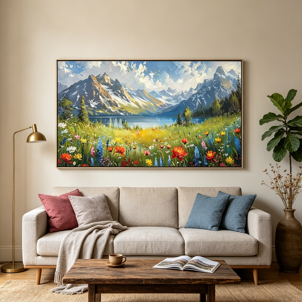 ALPINE WILDFLOWER PARADISE: Textured Wildflower Meadow Majestic Mountains Canvas