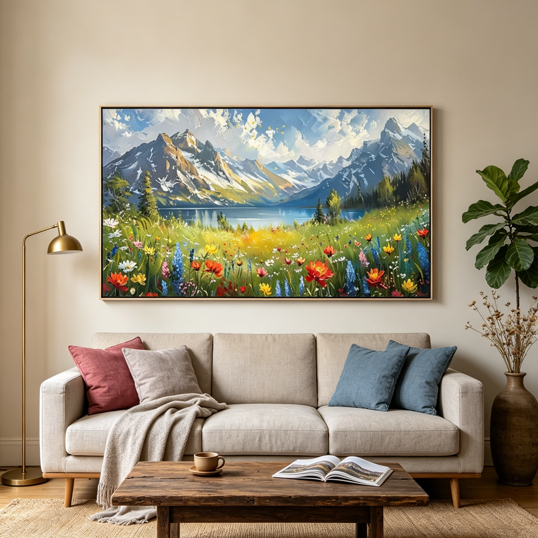 ALPINE WILDFLOWER PARADISE: Textured Wildflower Meadow Majestic Mountains Canvas