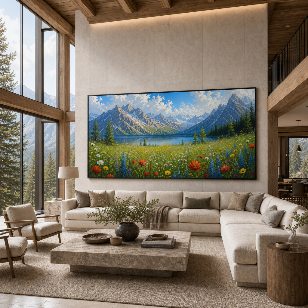 ALPINE WILDFLOWER PARADISE: Textured Wildflower Meadow Majestic Mountains Canvas