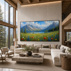 ALPINE WILDFLOWER PARADISE: Textured Wildflower Meadow Majestic Mountains Canvas