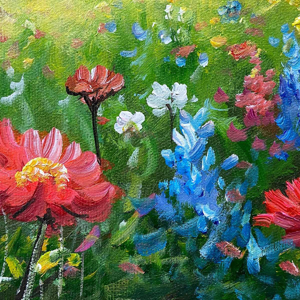 Original handmade oil painting of alpine wildflower meadow with colorful flowers, mountain lake and snow-capped peaks.