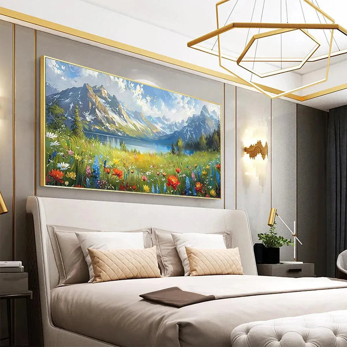 Original handmade oil painting of alpine wildflower meadow with colorful flowers, mountain lake and snow-capped peaks.