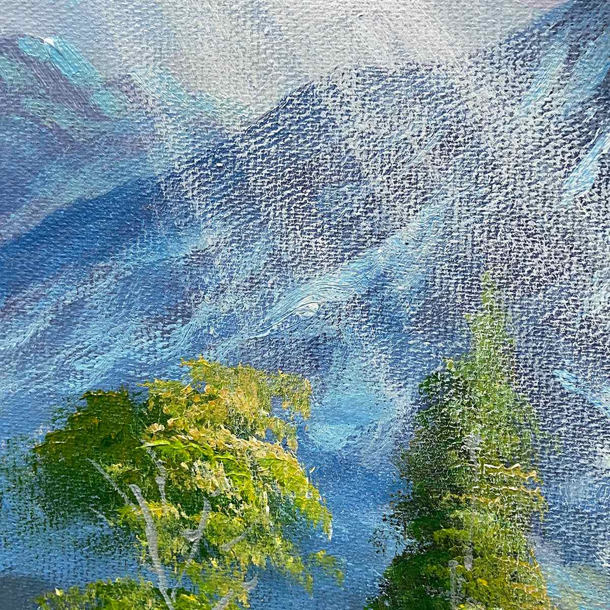 Original handmade oil painting of alpine wildflower meadow with colorful flowers, mountain lake and snow-capped peaks.