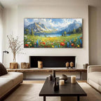 Original handmade oil painting of alpine wildflower meadow with colorful flowers, mountain lake and snow-capped peaks.