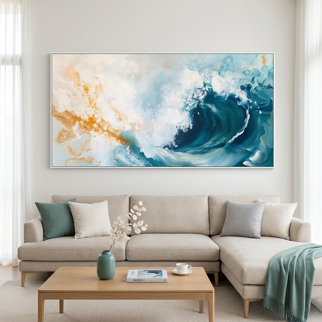 AQUAMARINE CREST: Panoramic Blue Teal Abstract Ocean Wave Canvas