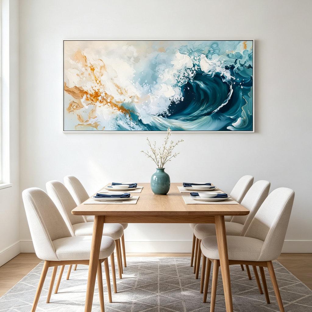 AQUAMARINE CREST: Panoramic Blue Teal Abstract Ocean Wave Canvas