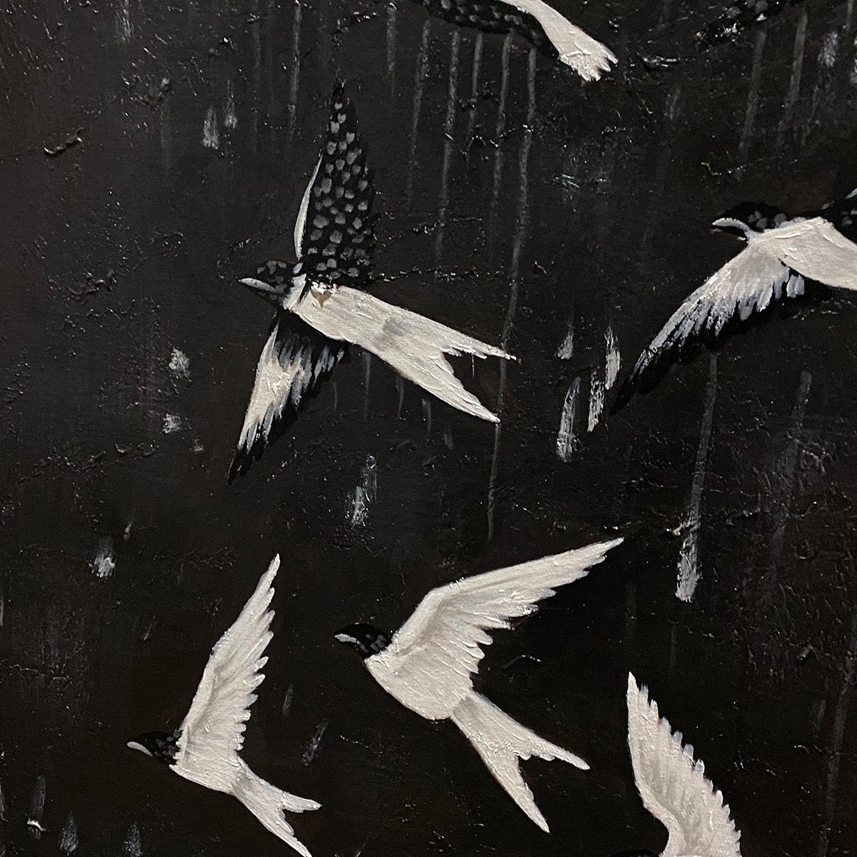 ASCENSION: Beaded Bird Mixed Media Art Textured Black Canvas