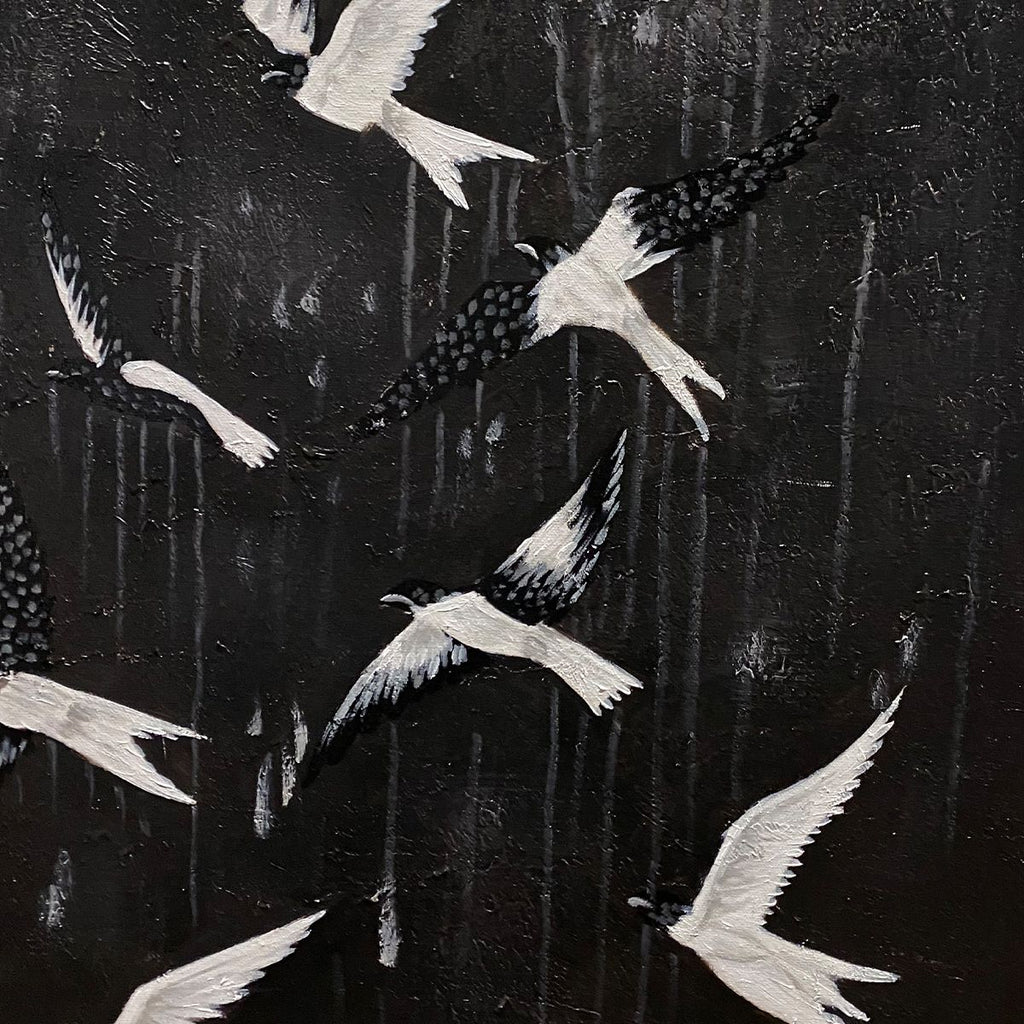 ASCENSION: Beaded Bird Mixed Media Art Textured Black Canvas