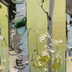 Textured birch tree painting, "Aspen Grove" panoramic canvas with green & yellow forest hues, nature-inspired wall art.