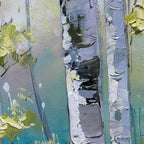 Textured birch tree painting, "Aspen Grove" panoramic canvas with green & yellow forest hues, nature-inspired wall art.
