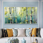 Textured birch tree painting, "Aspen Grove" panoramic canvas with green & yellow forest hues, nature-inspired wall art.