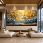 AURA OF GOLD: Golden Tree Of Life Snow Mountains Palette Knife Impasto Canvas