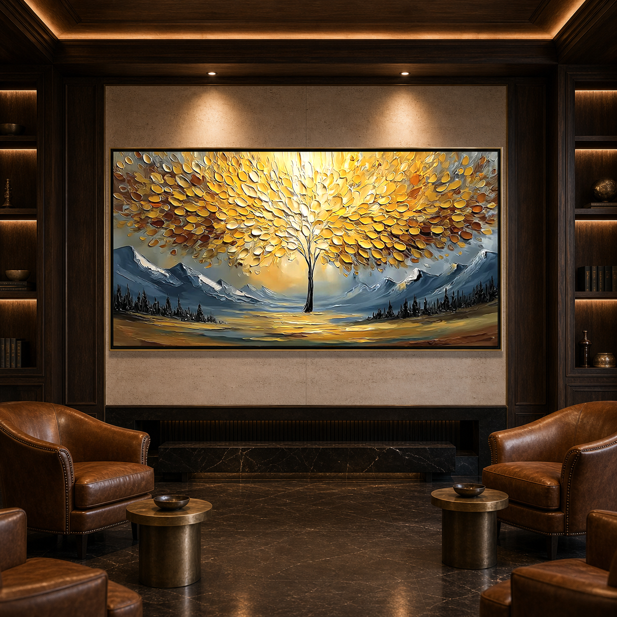 AURA OF GOLD: Golden Tree Of Life Snow Mountains Palette Knife Impasto Canvas