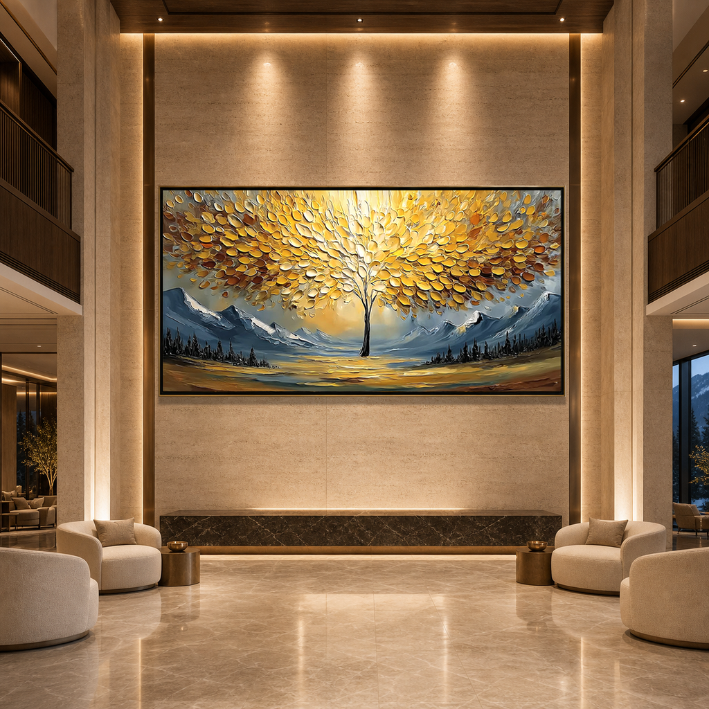 AURA OF GOLD: Golden Tree Of Life Snow Mountains Palette Knife Impasto Canvas