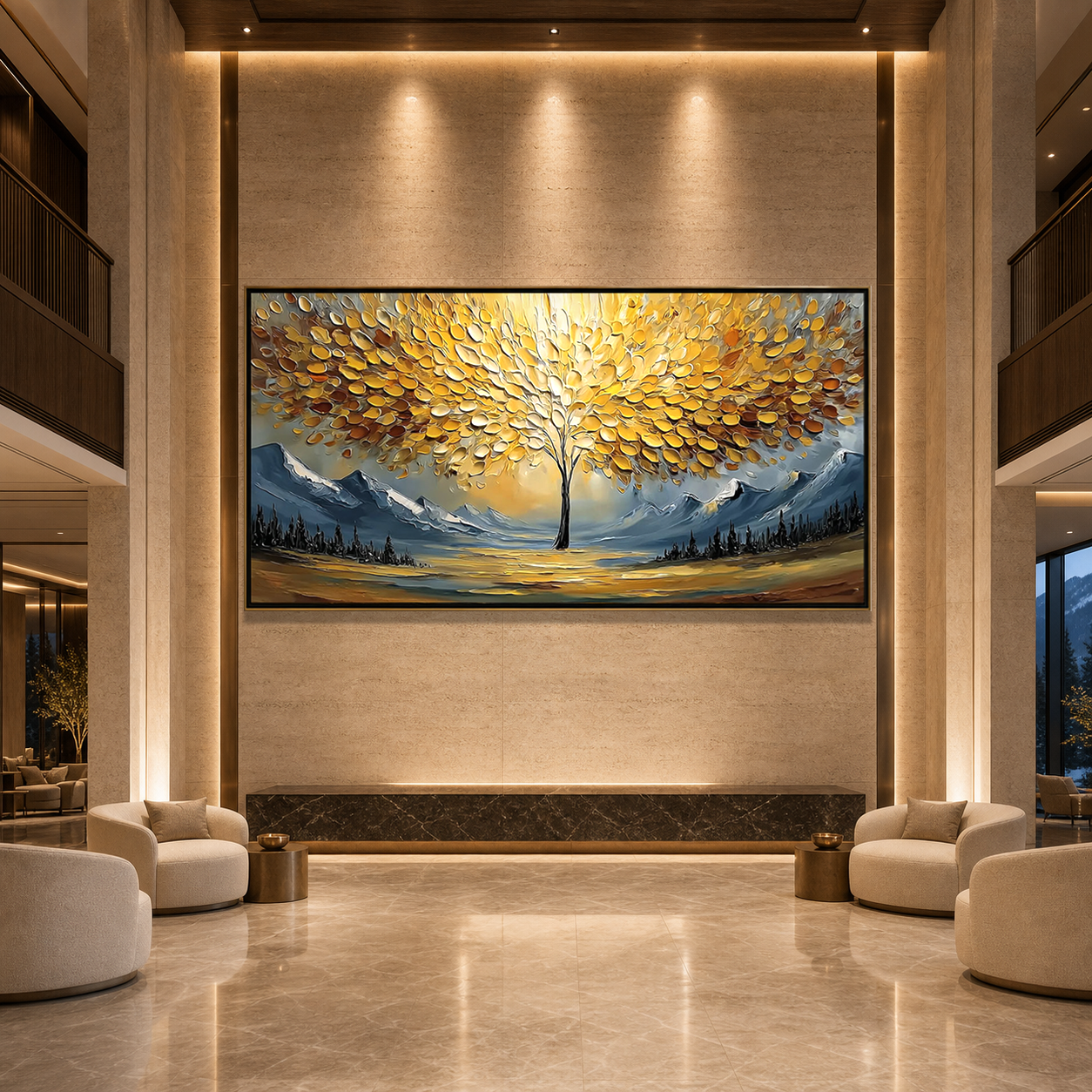 AURA OF GOLD: Golden Tree Of Life Snow Mountains Palette Knife Impasto Canvas