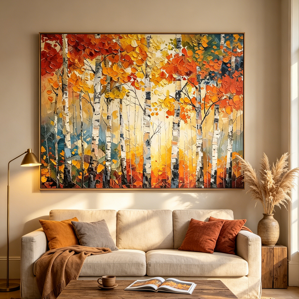 AUTUMN ASPEN: Textured Fiery Foliage And Slender White Trunks Canvas