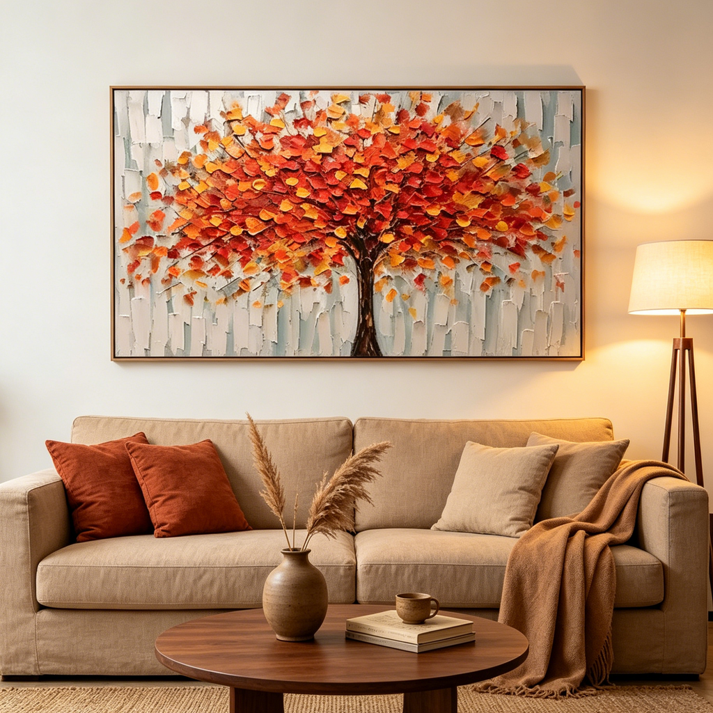 AUTUMN FIRE: Impasto Fiery Orange Red Tree Canvas