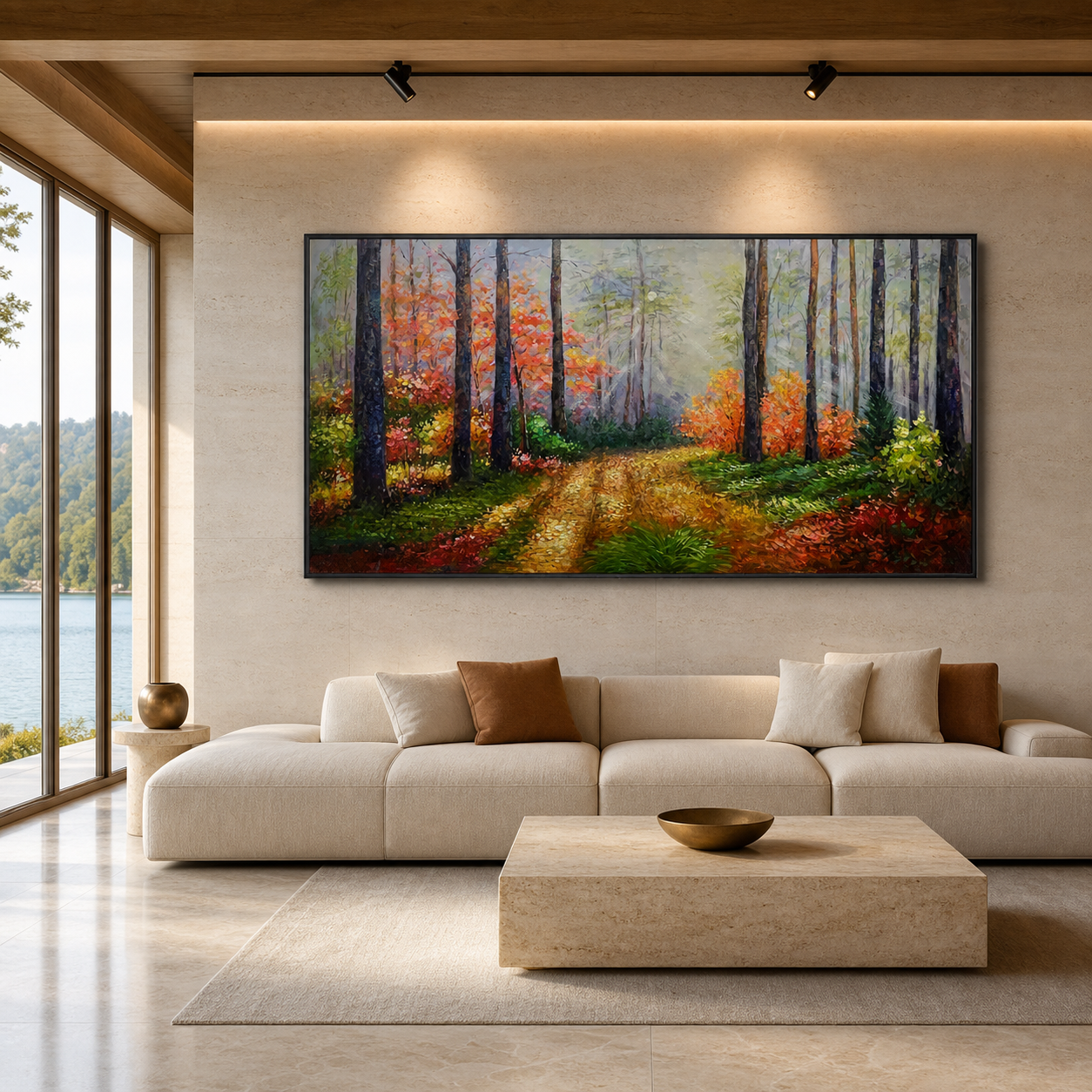 AUTUMN FOREST PATH: Golden Red Forest Trail Panoramic Oil Painting