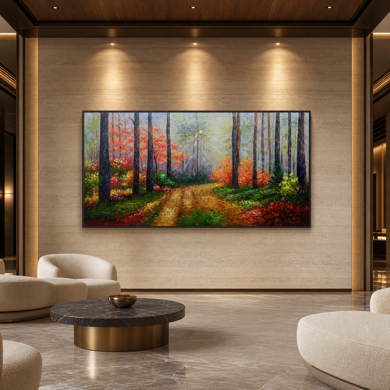 AUTUMN FOREST PATH: Golden Red Forest Trail Panoramic Oil Painting