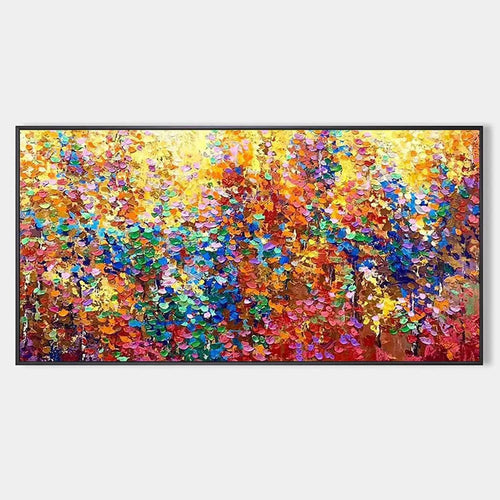 Textured abstract landscape painting 'AUTUMN GLOW' with vibrant impasto brushstrokes in fall colors.
