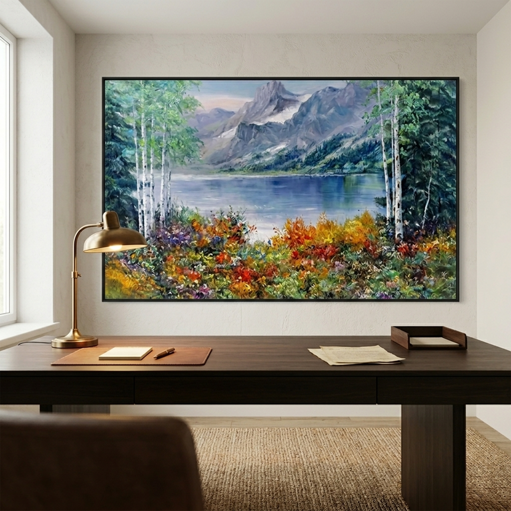 AUTUMN LAKE: Panoramic Mountain Reflection In Calm Water Canvas