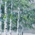 Close-up impasto texture of vibrant autumn foliage and lake in an original oil painting by Chen Liu.