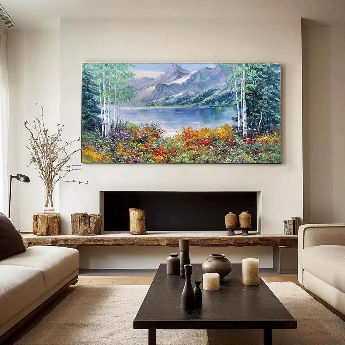 Panoramic autumn landscape painting: lake reflecting mountains, vibrant fall foliage by Chen Liu.