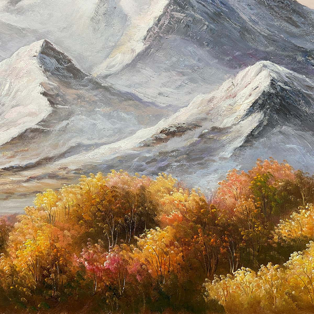 AUTUMN MAJESTY: Snowy Peaks Autumn Valley Vibrant Foliage Panoramic Canvas