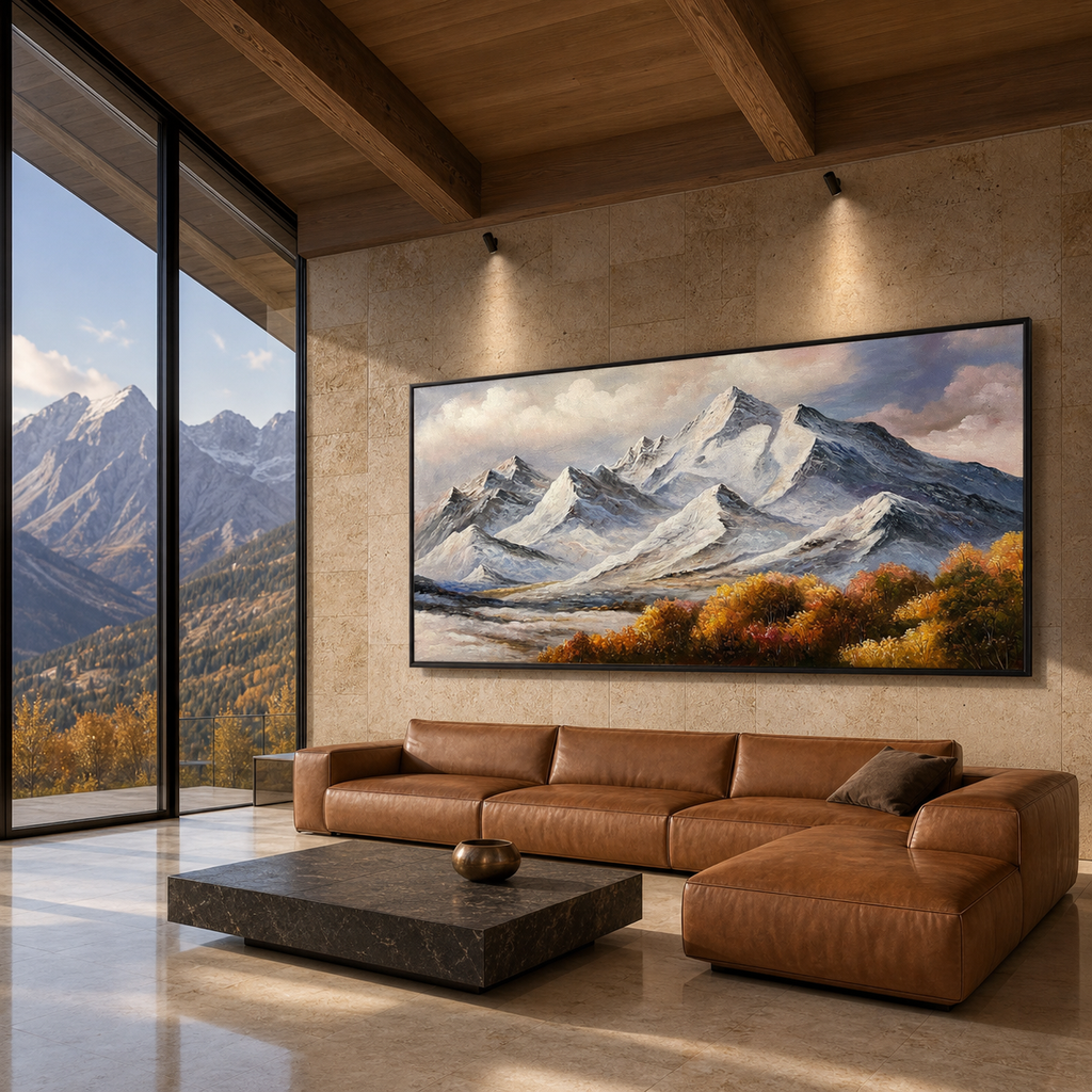 AUTUMN MAJESTY: Snowy Peaks Autumn Valley Vibrant Foliage Panoramic Canvas