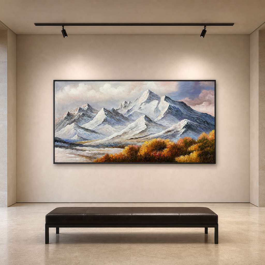 AUTUMN MAJESTY: Snowy Peaks Autumn Valley Vibrant Foliage Panoramic Canvas