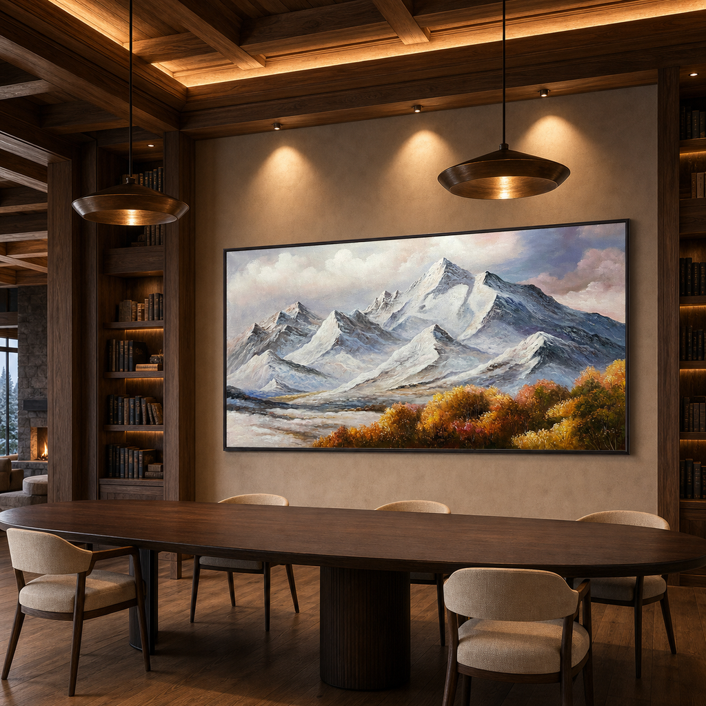 AUTUMN MAJESTY: Snowy Peaks Autumn Valley Vibrant Foliage Panoramic Canvas