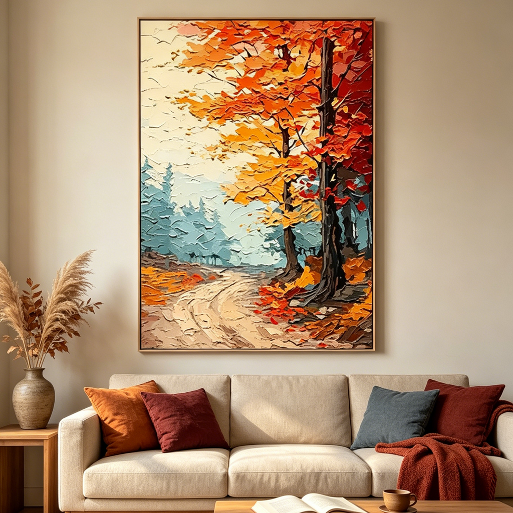 AUTUMNAUTUMN PATH: Textured Forest Path Orange Red Blue Canvas