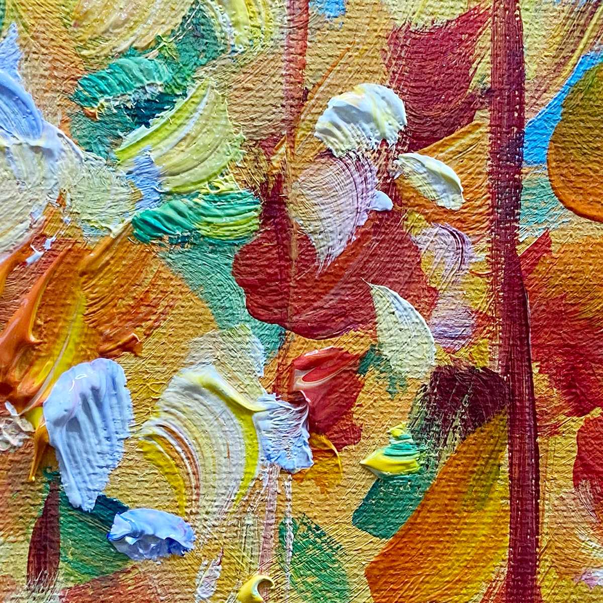 AUTUMN SUNRISE: Panoramic forest painting with warm orange and yellow autumnal foliage and sunlit trees.