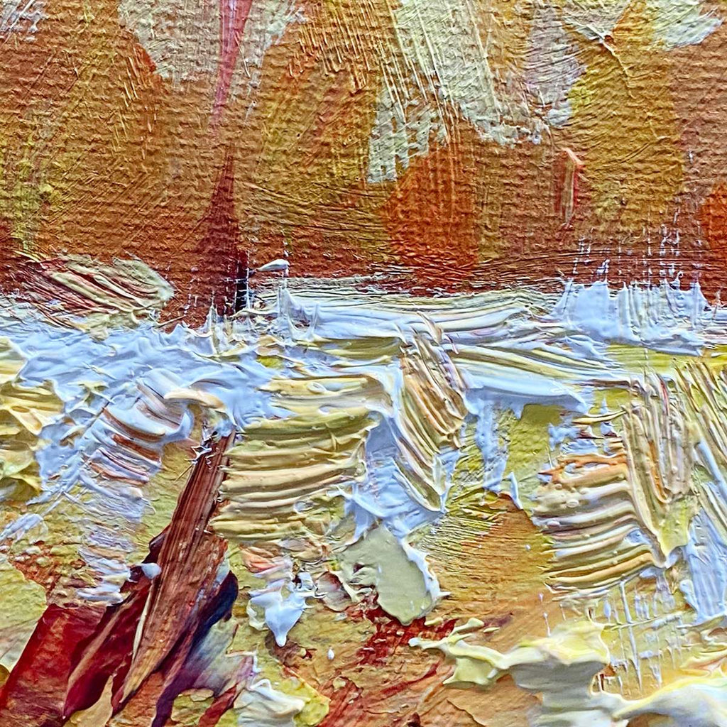 AUTUMN SUNRISE: Panoramic forest painting with warm orange and yellow autumnal foliage and sunlit trees.