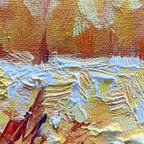 AUTUMN SUNRISE: Panoramic forest painting with warm orange and yellow autumnal foliage and sunlit trees.