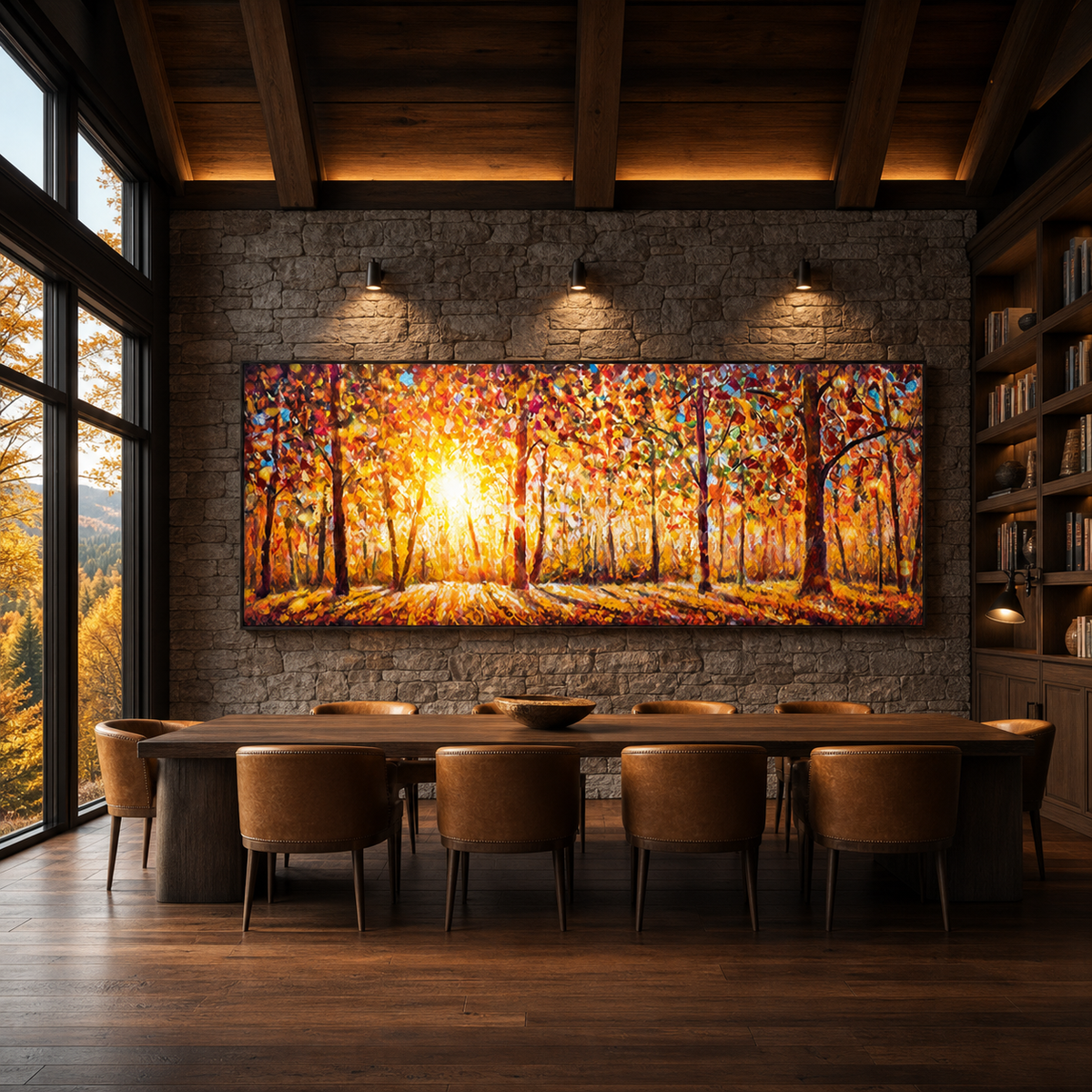 AUTUMN SUNRISE: Warm Orange Yellow Forest Sunrise Panoramic Canvas