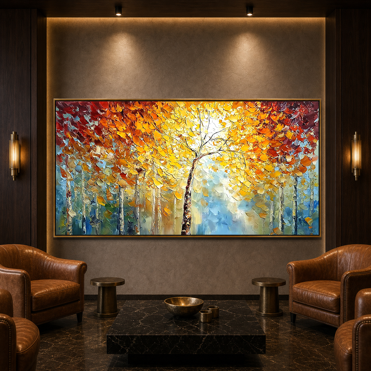AUTUMN‘S EMBRACE: Fiery Red Golden Yellow Impasto Palette Knife Canvas