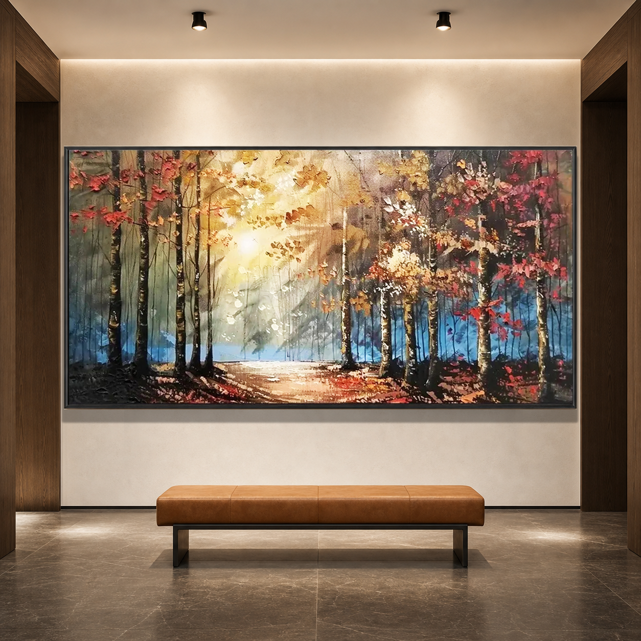 AUTUMN TRAIL: Warm Golden Orange Forest Path Textured Canvas