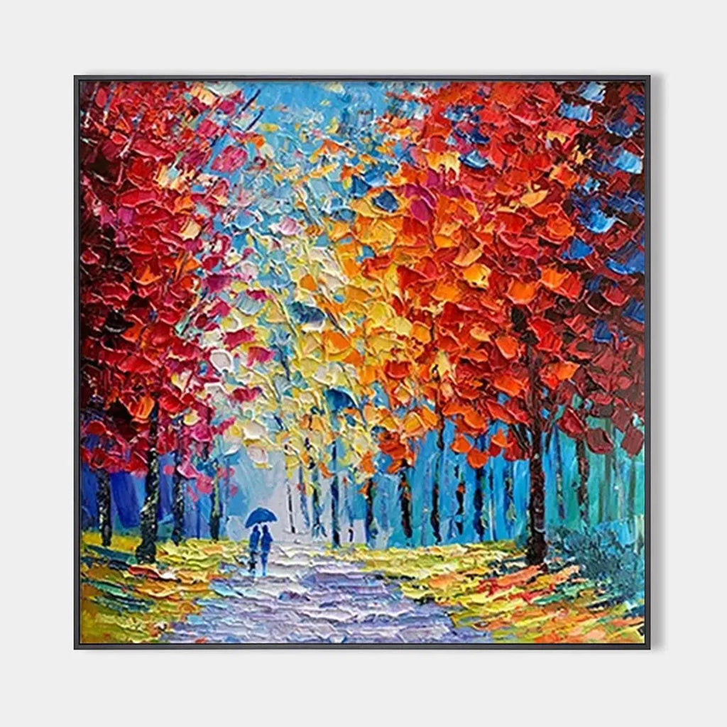 Vibrant textured impasto painting of a couple walking through a colorful autumn forest. 'Autumn Walk' by Isabella Rossi.