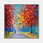 Vibrant textured impasto painting of a couple walking through a colorful autumn forest. 'Autumn Walk' by Isabella Rossi.