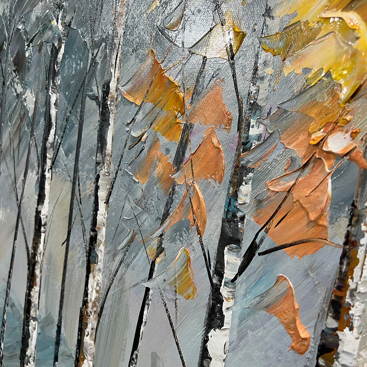 AUTUMN WHISPERS: Golden Birch Trees Lake Reflection Impasto Canvas