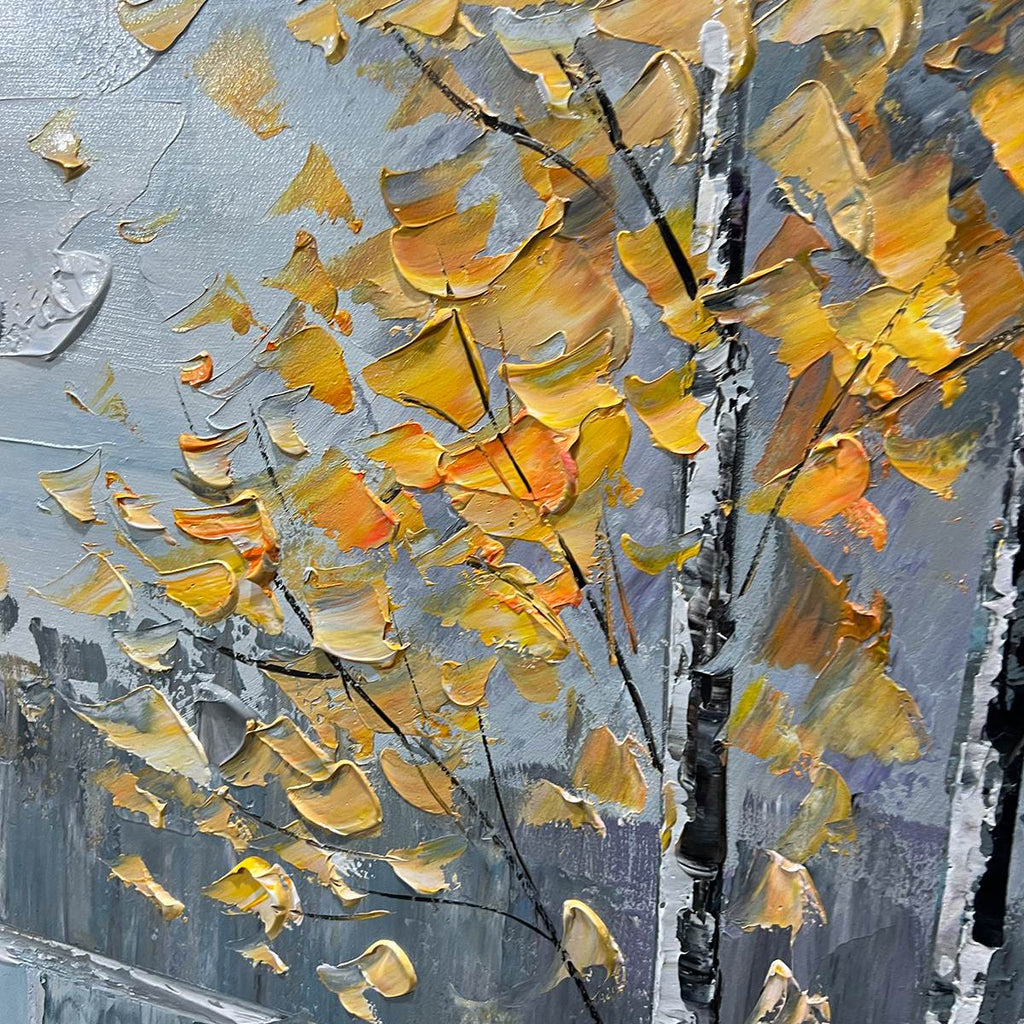 AUTUMN WHISPERS: Golden Birch Trees Lake Reflection Impasto Canvas