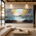 AUTUMN WHISPERS: Golden Birch Trees Lake Reflection Impasto Canvas