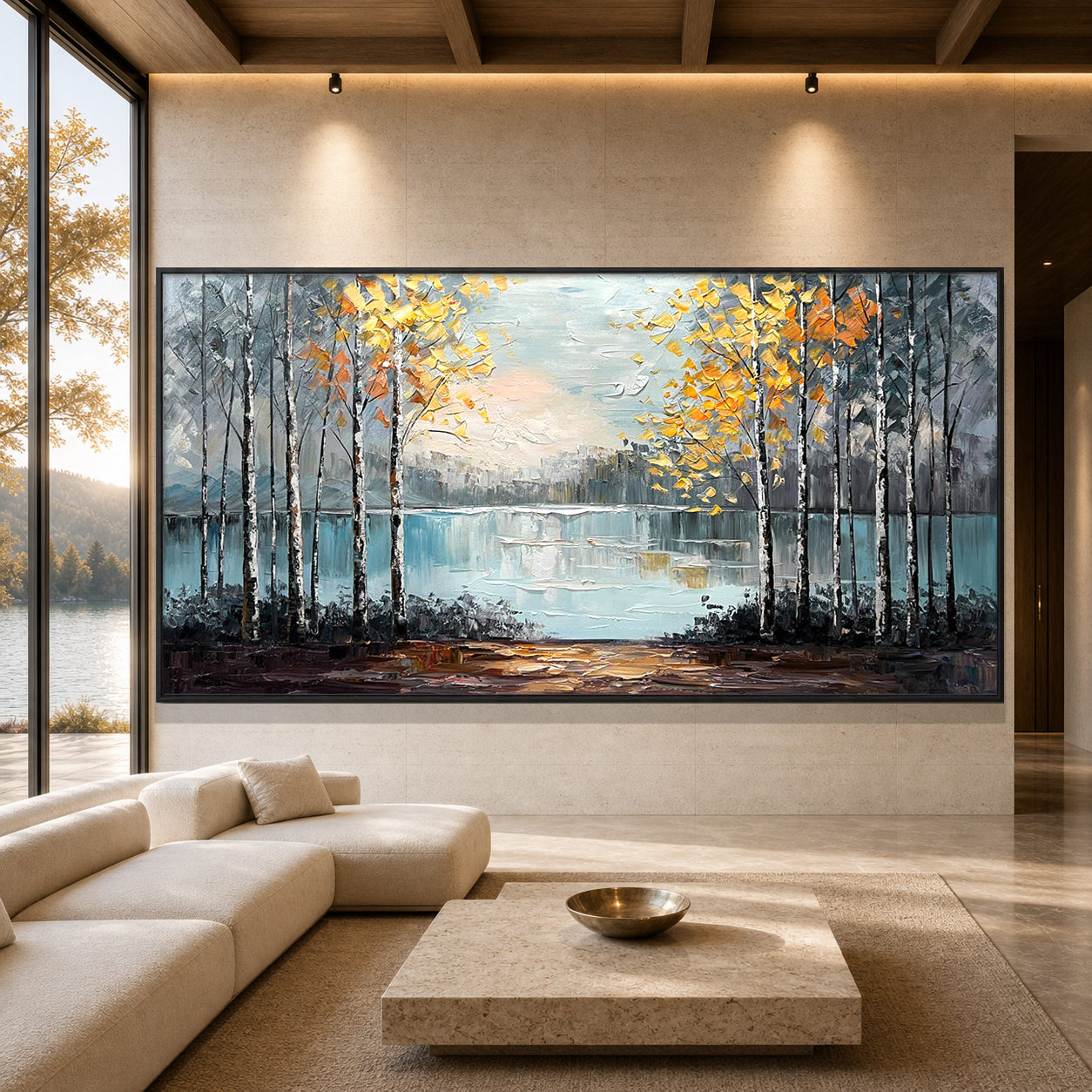 AUTUMN WHISPERS: Golden Birch Trees Lake Reflection Impasto Canvas
