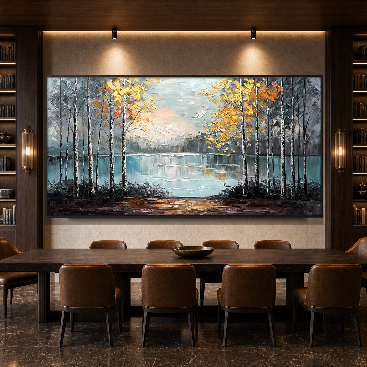 AUTUMN WHISPERS: Golden Birch Trees Lake Reflection Impasto Canvas
