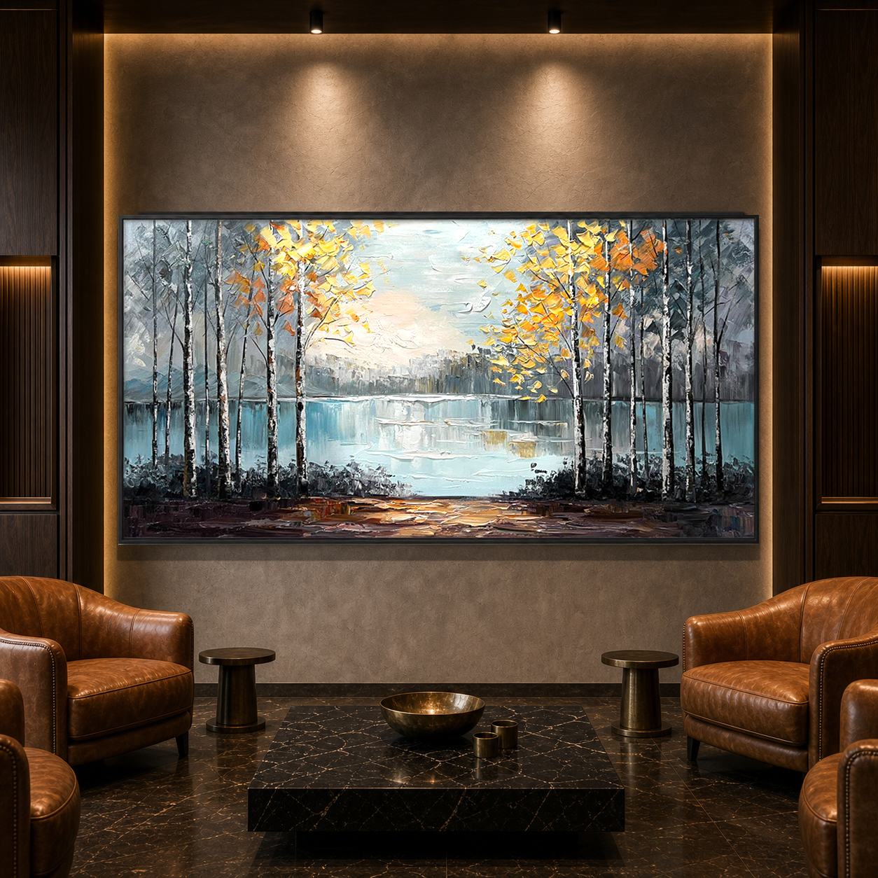 AUTUMN WHISPERS: Golden Birch Trees Lake Reflection Impasto Canvas