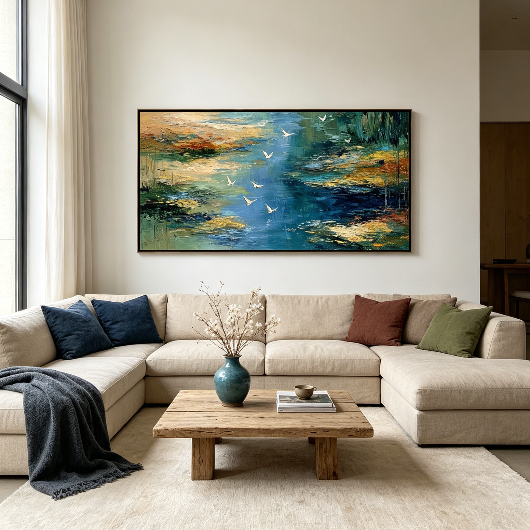 AZURE JOURNEY: Impasto Blue River Flight Of Birds Canvas